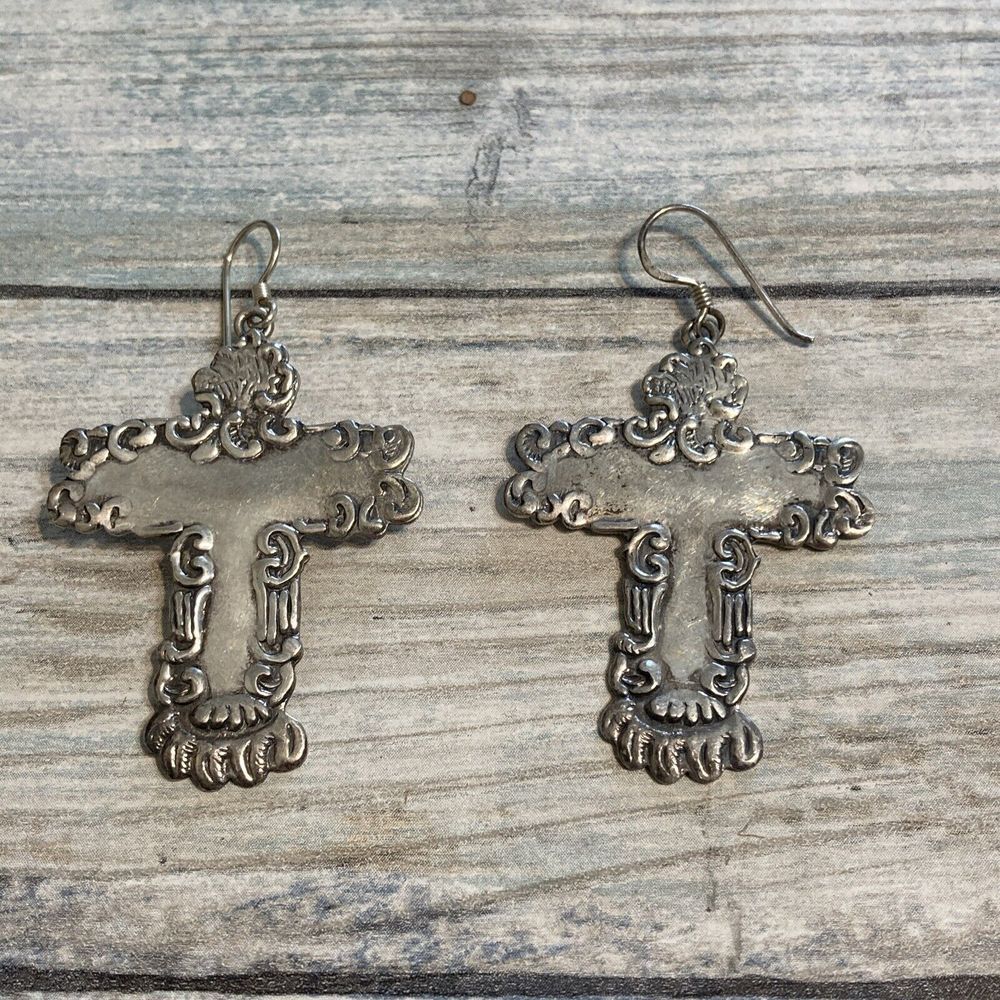 Sterling Silver 925 ‎ Repousse Cross Pendant EARRINGS Thailand 11.5g